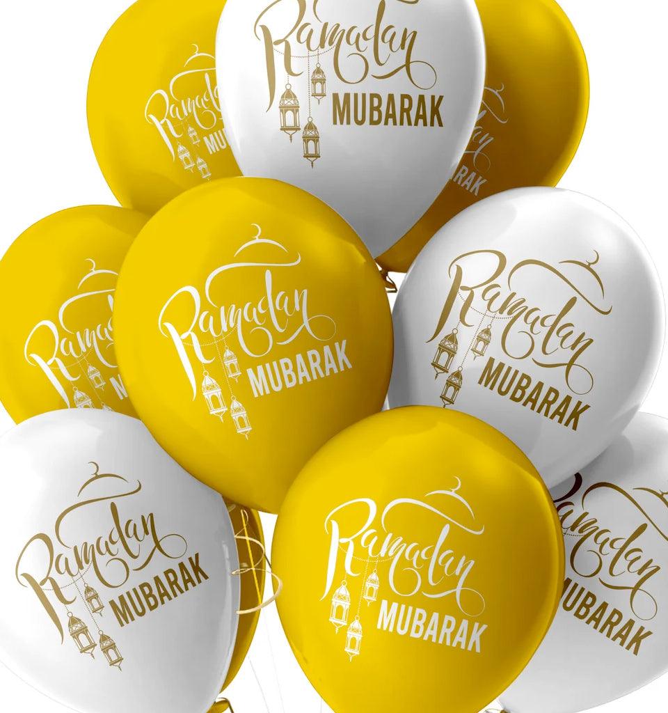 Ramadan Mubarak Balloons - Domes & Lanterns (White and Gold Mix) - Islamic Pixels