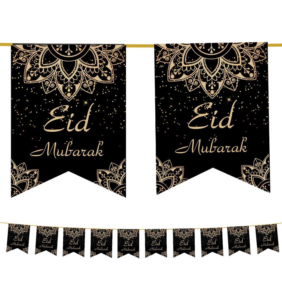 Eid Mubarak Bunting - Geometric Flags (Black & Gold) - Islamic Pixels
