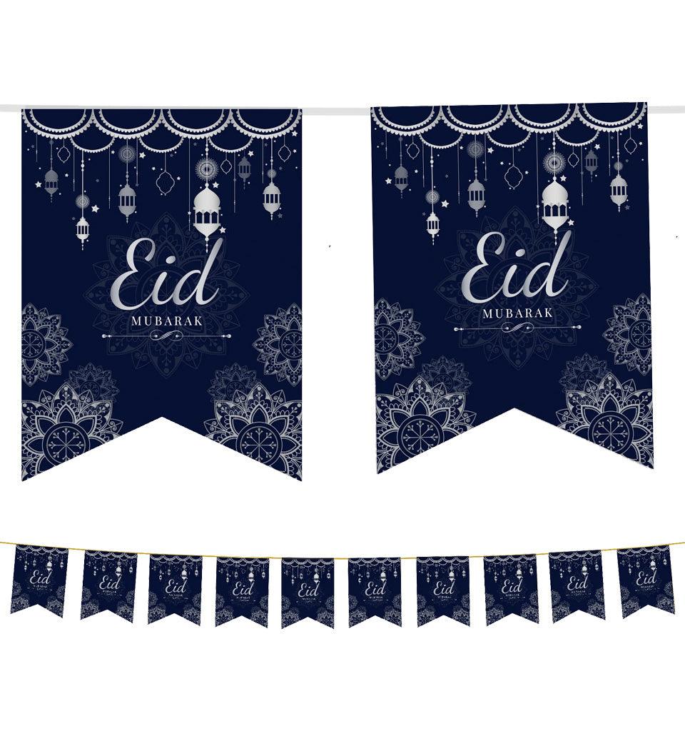 Eid Mubarak Bunting - Geometric Flags (Navy & Silver) - Islamic Pixels