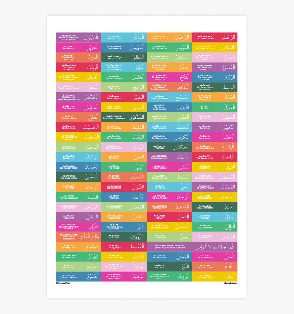 Ninety Nine Names of Allah Islamic Wall Frame - Colour