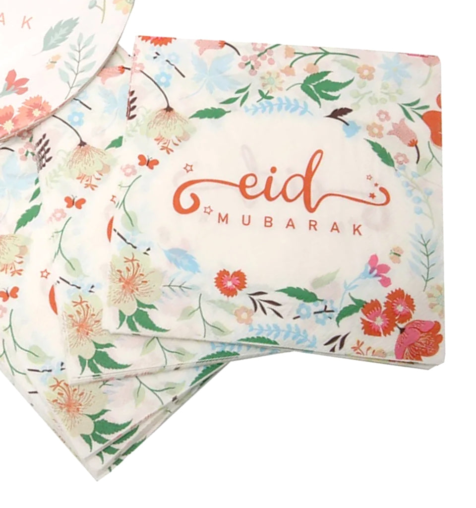 Eid Mubarak Plate, Cup and Napkin Set - Vintage Floral Design