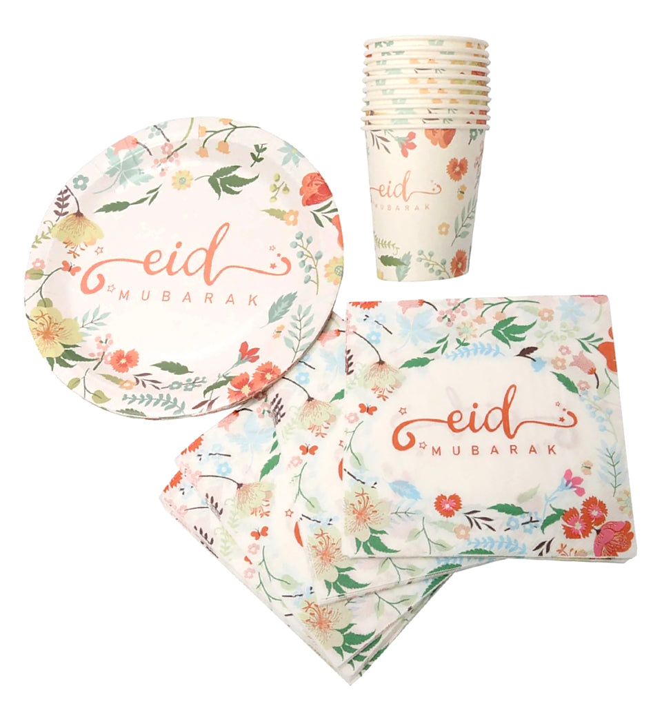 Eid Mubarak Plate, Cup and Napkin Set - Vintage Floral Design