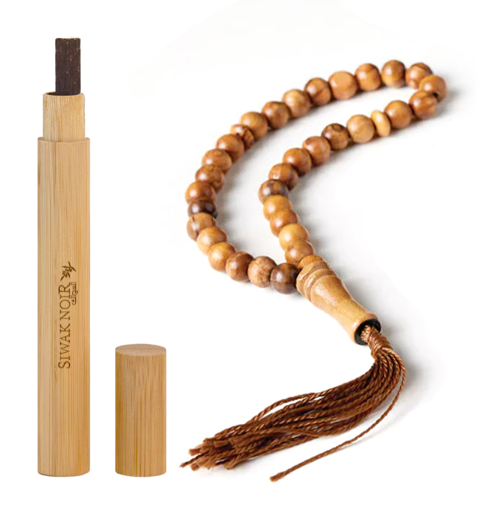 Premium Siwak with holder + Handmade Palestinian Olive Wood 33 Bead Tasbih (Bundle)