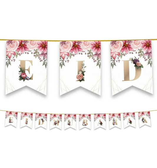 Eid Mubarak Bunting - Floral (Pink) - Islamic Pixels