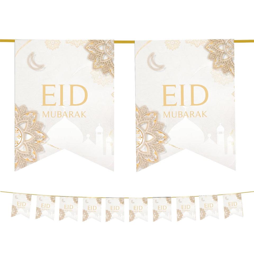 Eid Mubarak Bunting - Geometric Flags (White & Gold) - Islamic Pixels