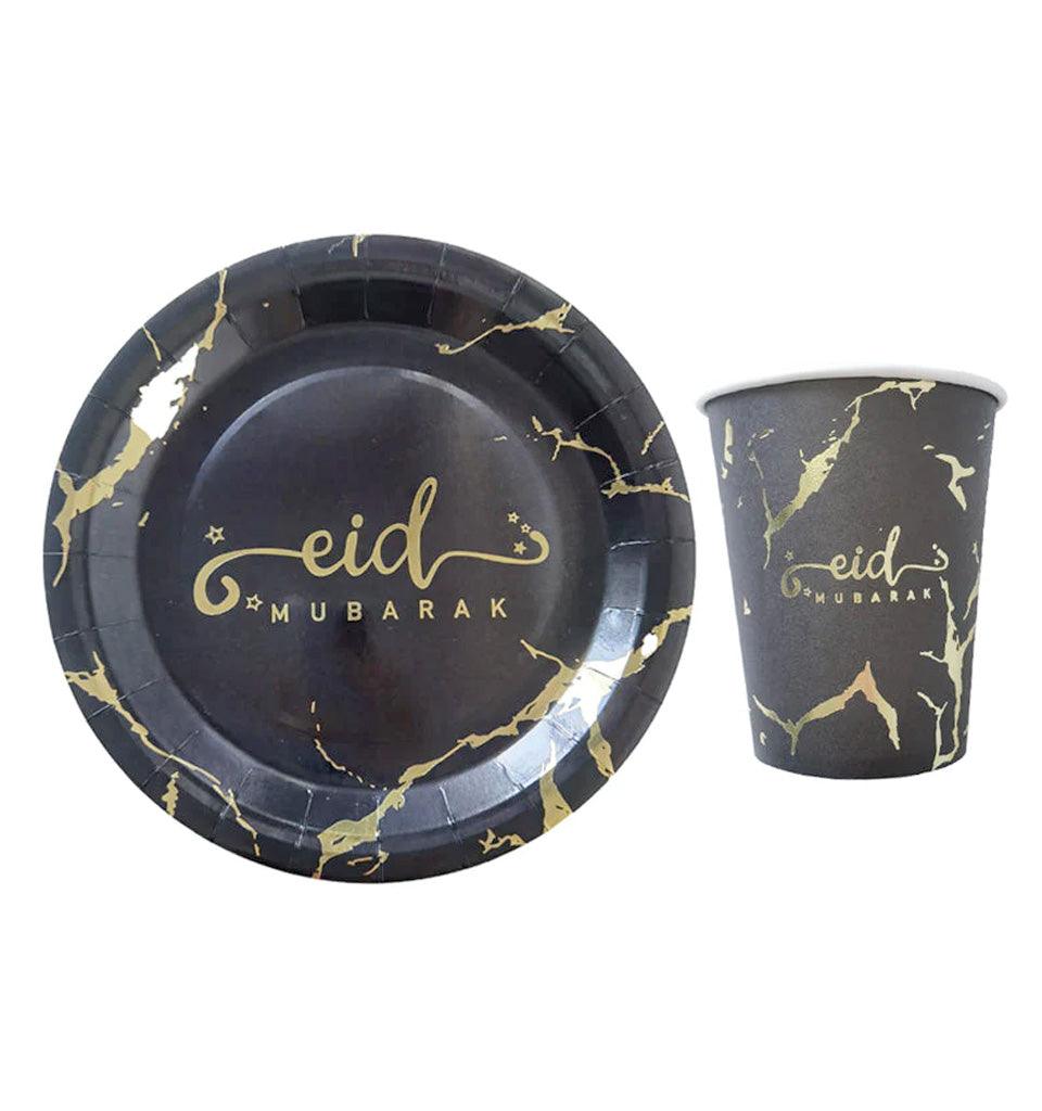 Eid Mubarak Plate and Cup Set (Black and Gold Marble) - Islamic Pixels