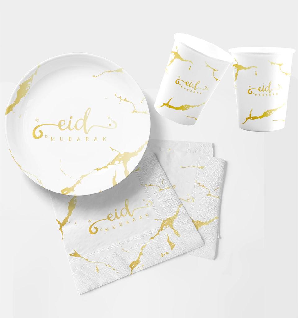Eid Mubarak Plate, Cup and Napkin Set (White and Gold Marble) - Islamic Pixels