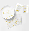 Eid Mubarak Plate, Cup and Napkin Set (White and Gold Marble) - Islamic Pixels