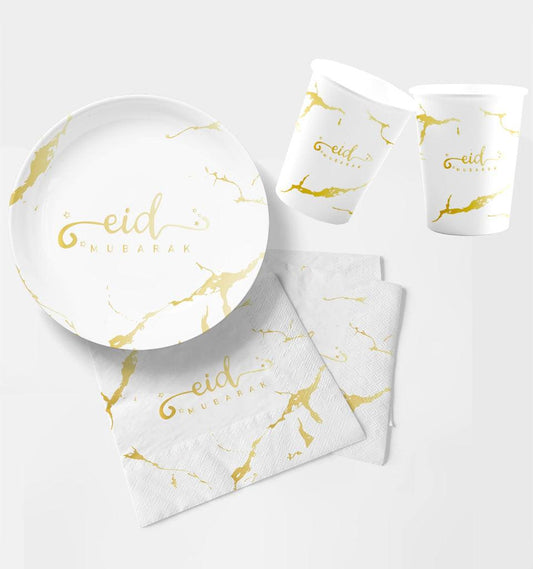Eid Mubarak Plate, Cup and Napkin Set (White and Gold Marble) - Islamic Pixels