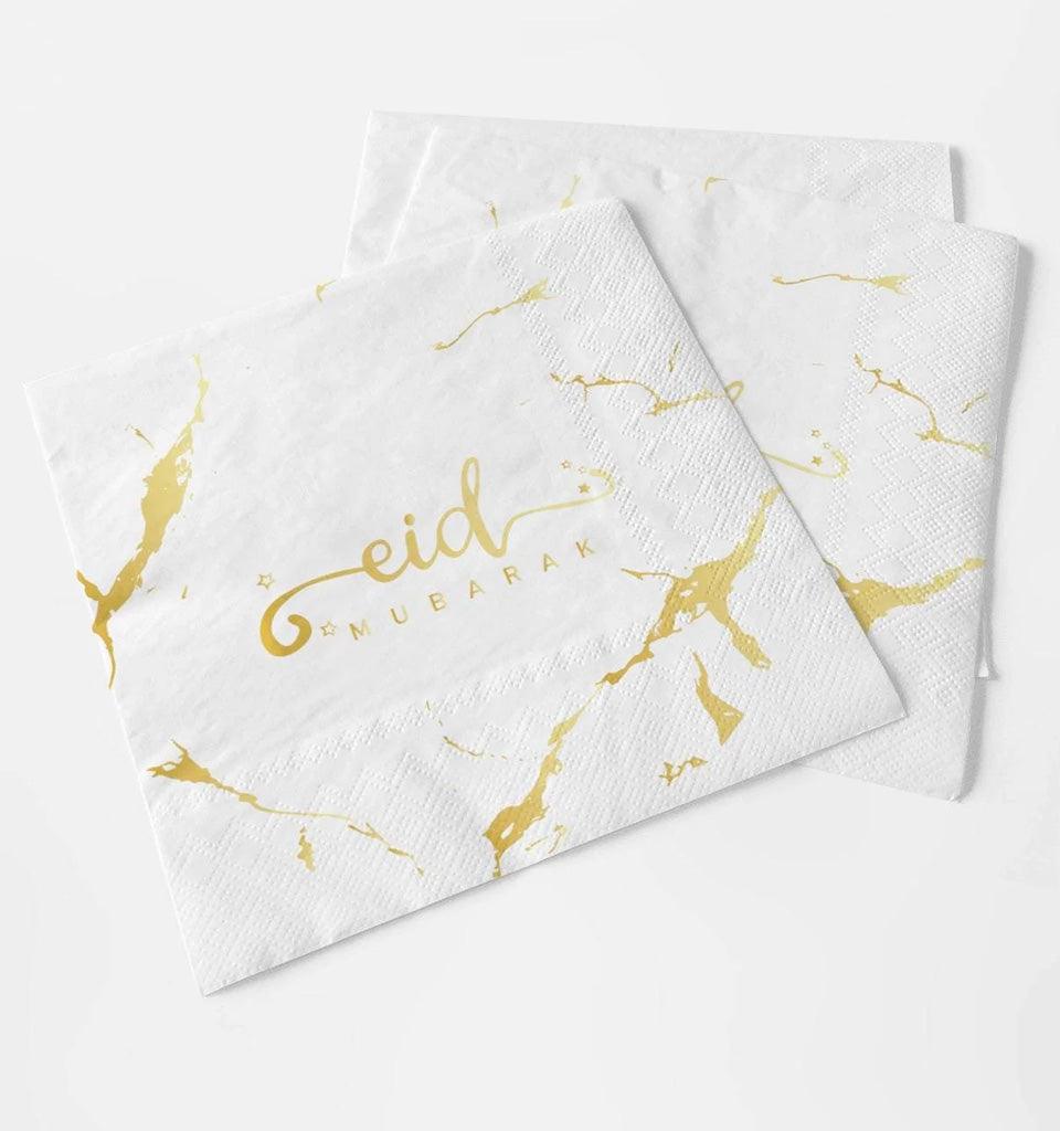 Eid Mubarak Plate, Cup and Napkin Set (White and Gold Marble) - Islamic Pixels
