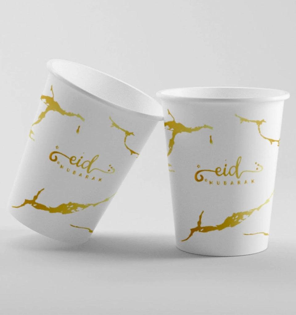 Eid Mubarak Plate, Cup and Napkin Set (White and Gold Marble) - Islamic Pixels