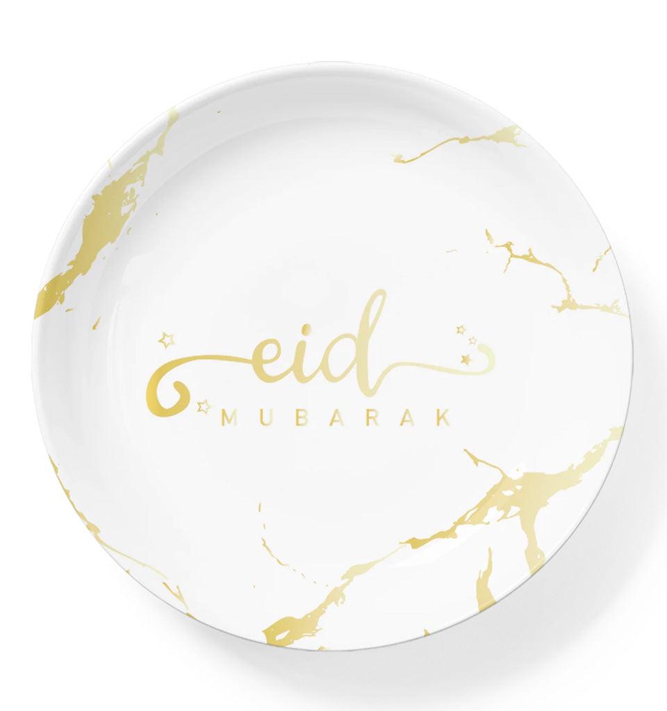 Eid Mubarak Plate, Cup and Napkin Set (White and Gold Marble) - Islamic Pixels