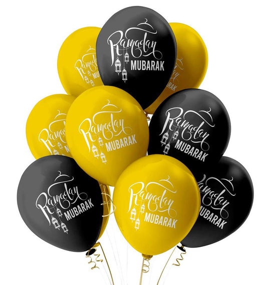 Ramadan Mubarak Balloons - Domes & Lanterns (Black and Gold Mix) - Islamic Pixels